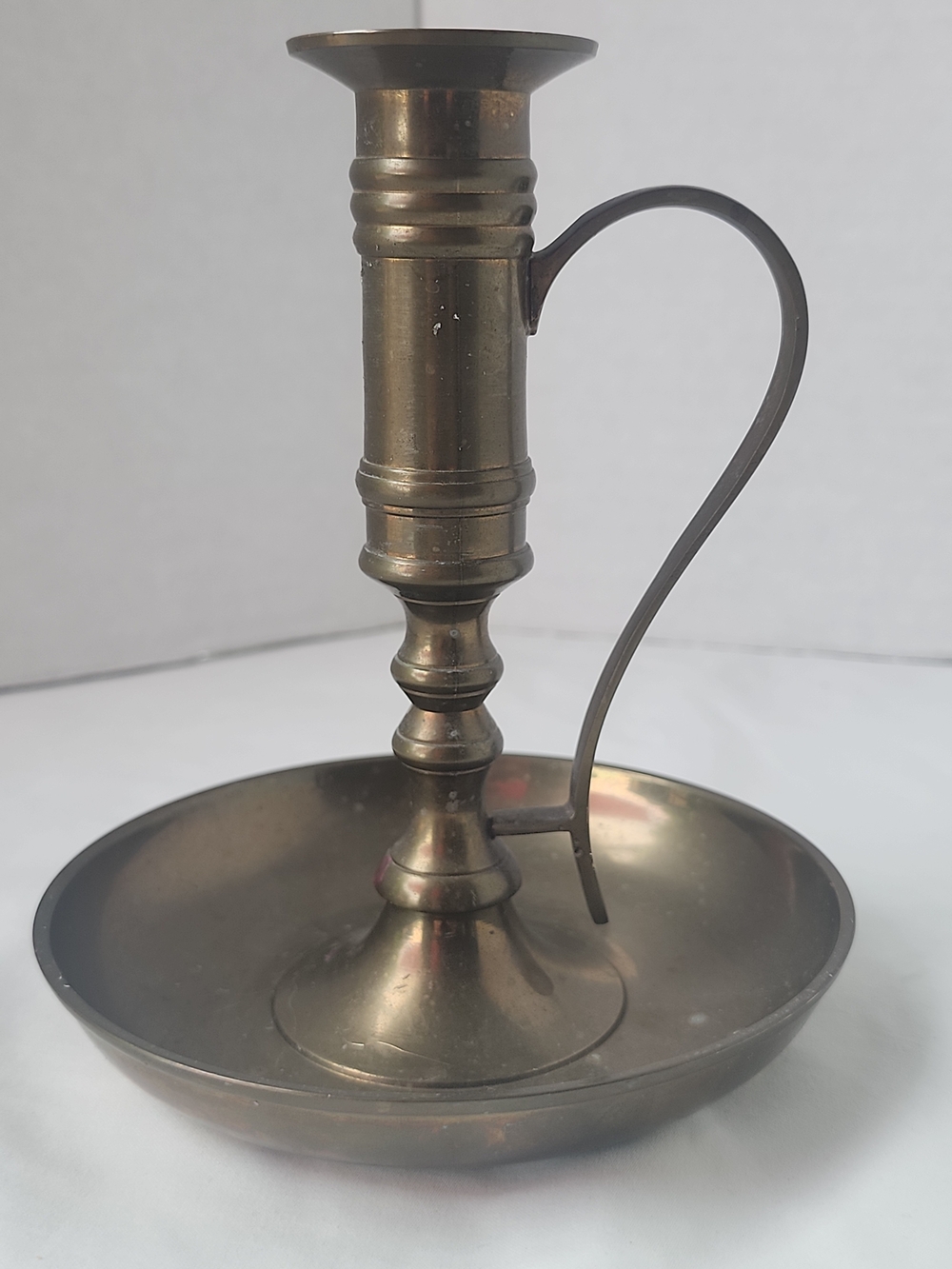 Vintage Brass Chamber Candlestick Candle Holder Handle Drip Tray 6”x 5” India